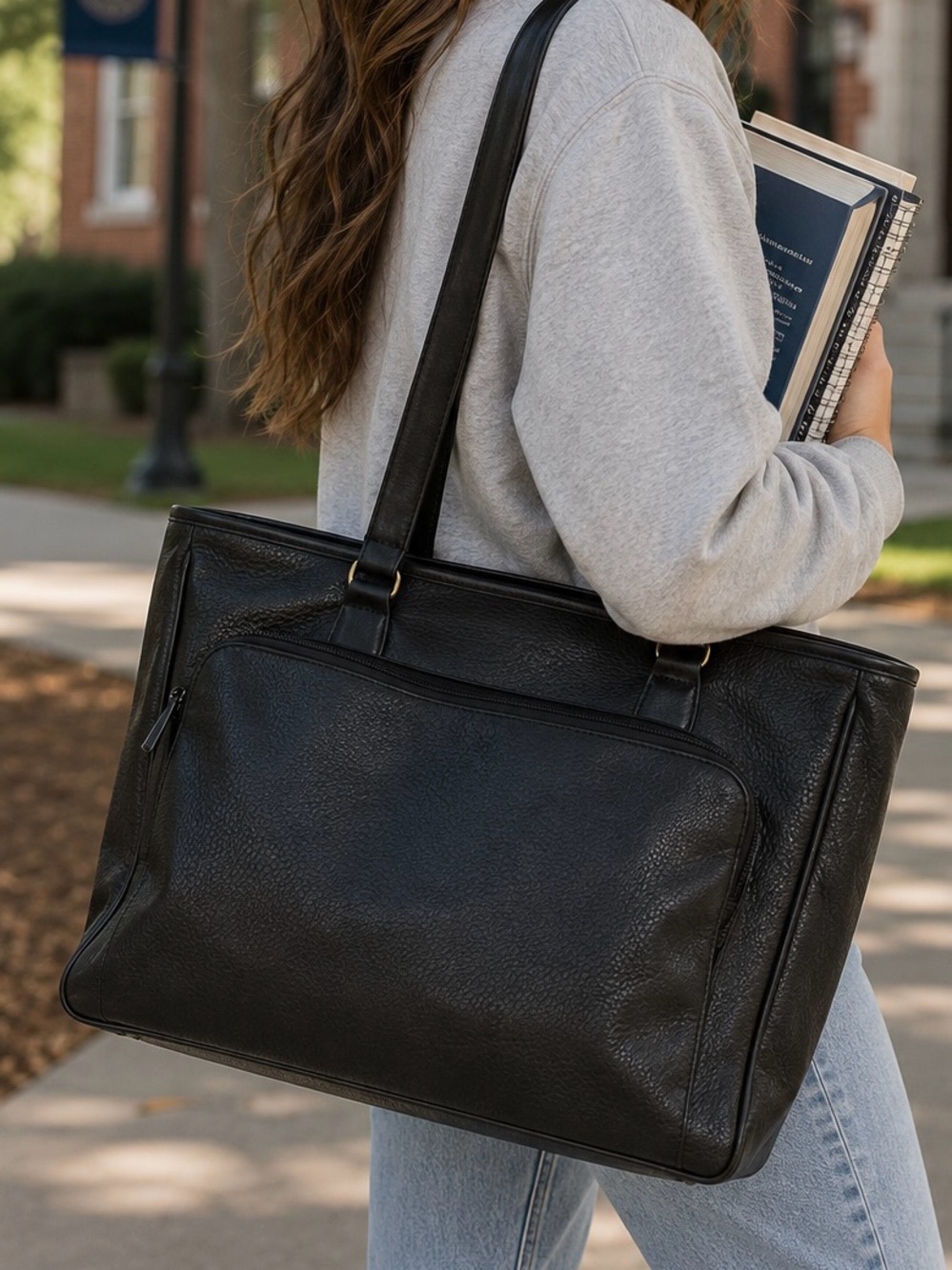 Simply Basic Black Pebbled Faux Leather Tote Bag Shoulder Work Laptop Bag